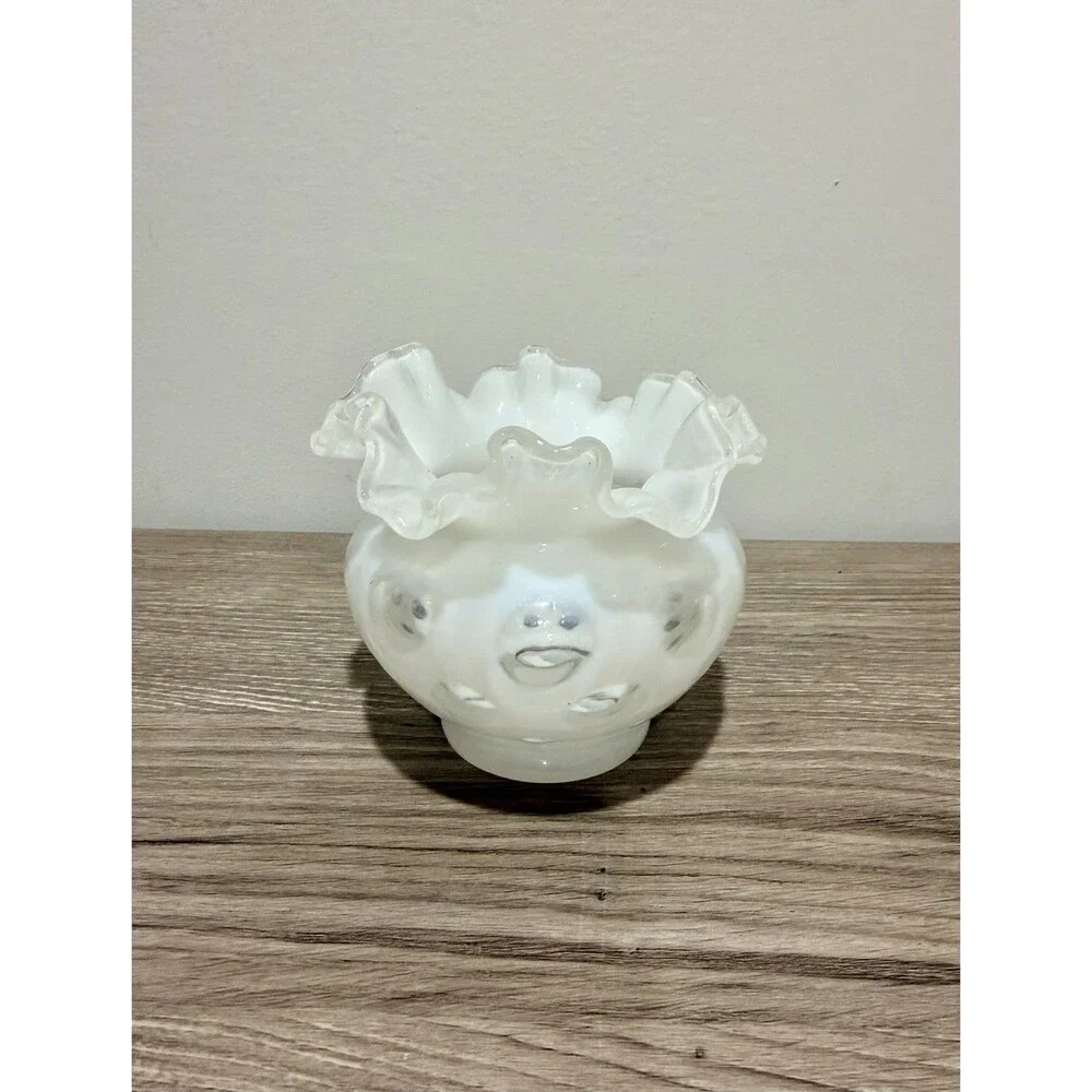 Vintage White Opalescent Coin Dot Glass Vase Ruffled Edge Art Glass Milk Glass